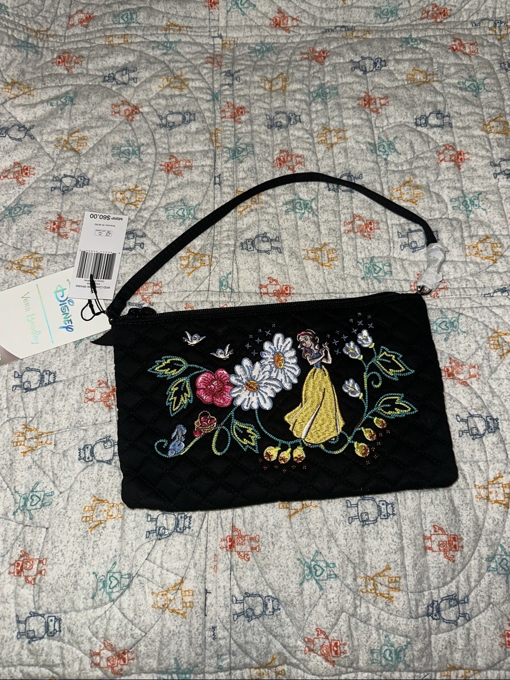 Vera Bradley Black Quilted Wristlet with Embroidered Snow White Floral Design - Picture 1 of 4